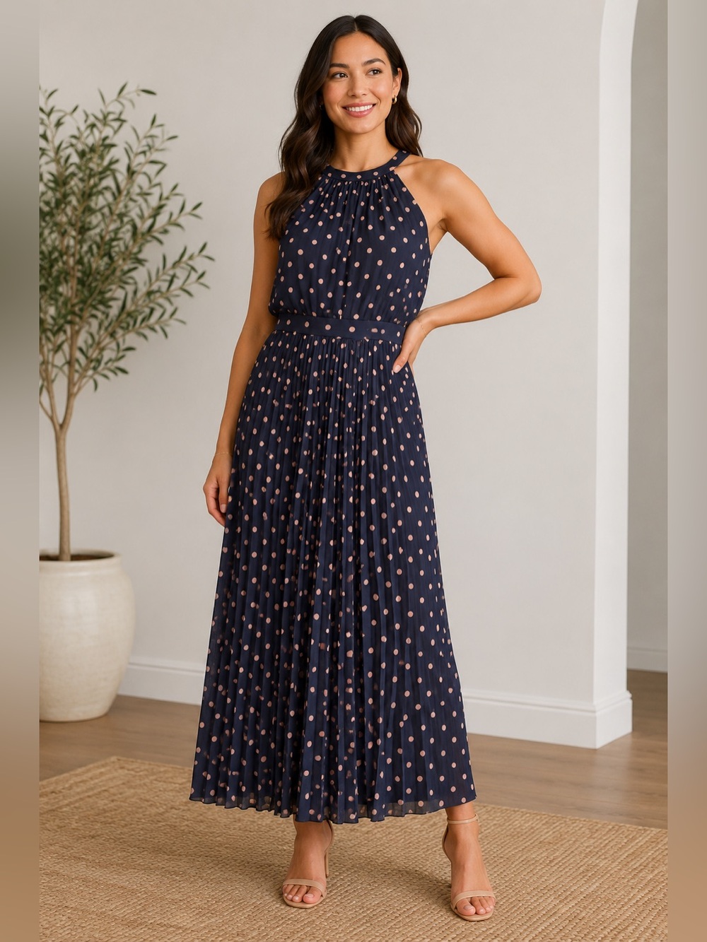 Mint Velvet Navy Halter Maxi Dress with Pink Polka Dots  US 10 NWT